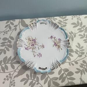 Antique Weimar Germany Reticulated Handled Serving Plate Tray Aqua Blue Floral